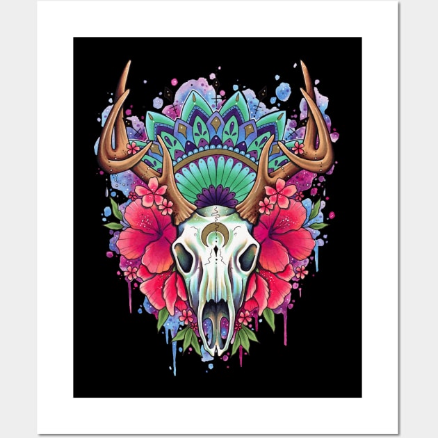 Stag Skull Floral Design by Lorna Laine Wall Art by Lorna Laine